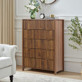 XUZENEST 5 Drawer Dressers for Bedroom, Modern Closet Chest of Drawers with Waveform Fluted Panel, Large Wood Storage Dresser Organizer for Nursery Bedroom Living Room Hallway Closet, Walnut XUZENEST