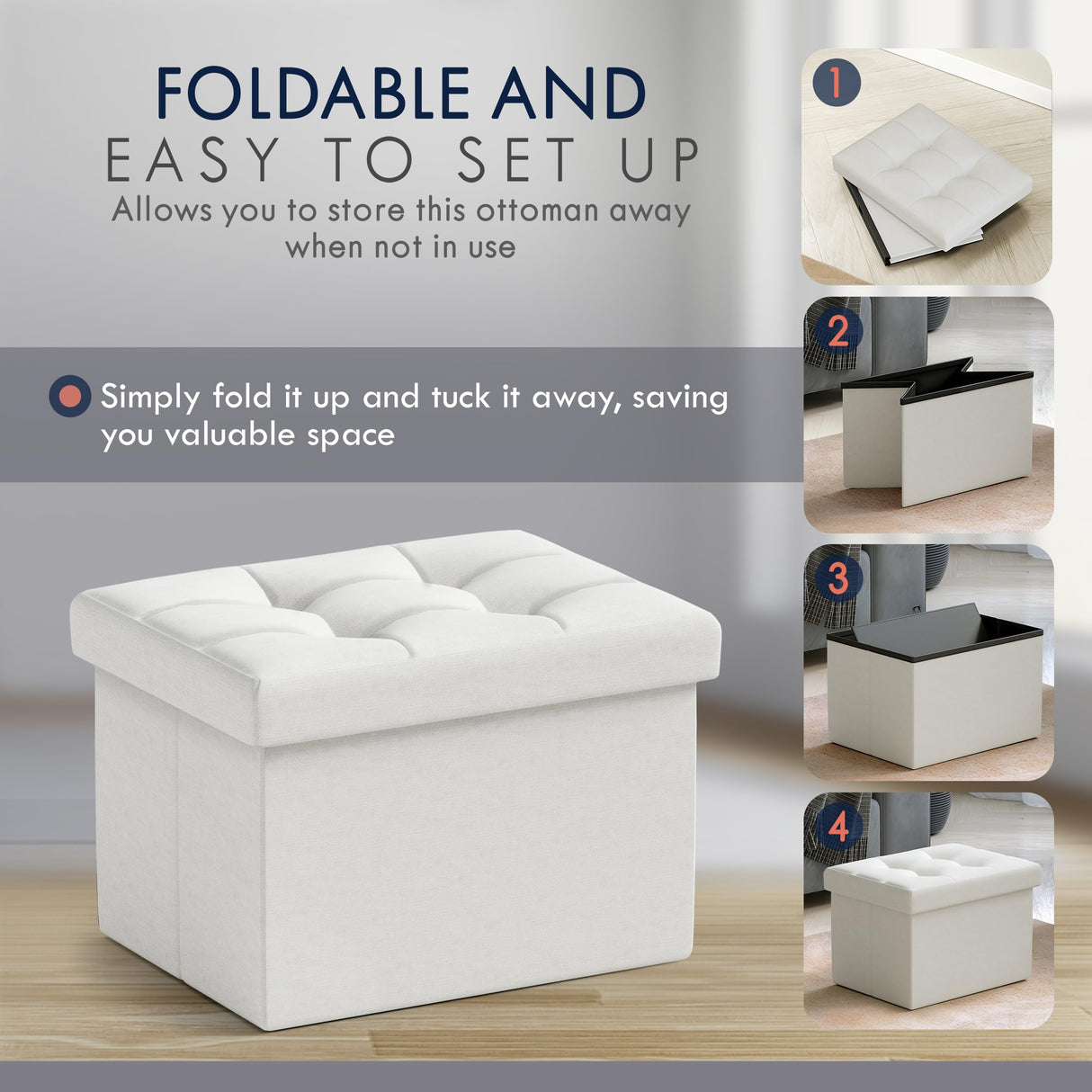 Ornavo Home Small Storage Ottoman Foldable Collapsible Rectangle Linen Ottoman Foot Rest Stool Seat, for Living Room, Bedroom, Home Office, Dorm - 12 x 16 x 12, White Ornavo Home