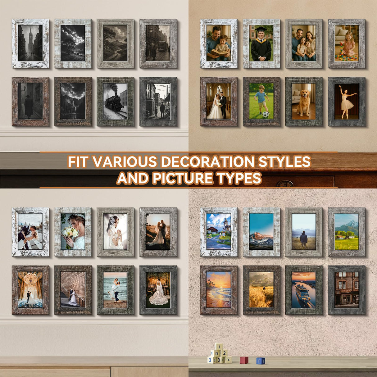 Bagous 5x7 Picture Frames Set of 8, Vintage Rustic Farmhouse Industrial Style Photo Frames, High Definition Real Glass, for Tabletop or Wall Hanging Bagous