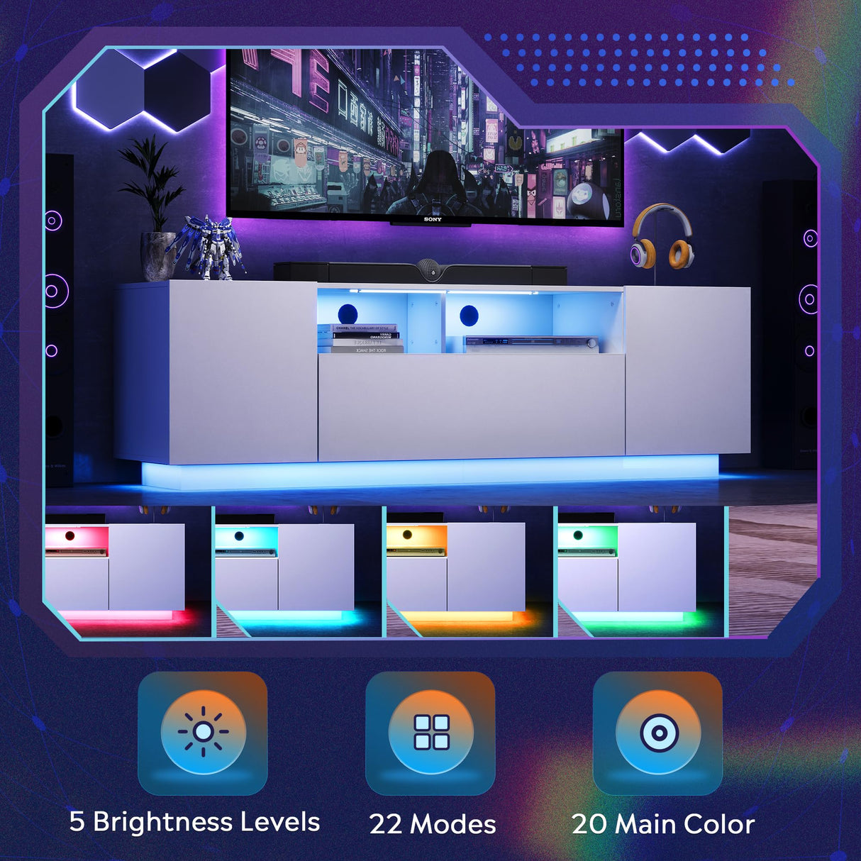 WLIVE TV Stand for 65 Inch TV, Modern Entertainment Center with LED, 58" TV Console with Storage Cabinet, TV Stands for Living Room, White WLIVE