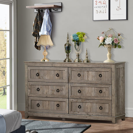 Joaxswe Farmhouse 6 Drawers Dresser for Bedroom, 54 Inch Wide Wood Dresser Chest of Drawers, Vintage Design TV Stand, Rustic Storage Dressers Organizer for Bedroom, Living Room, Hallway-Oak Joaxswe