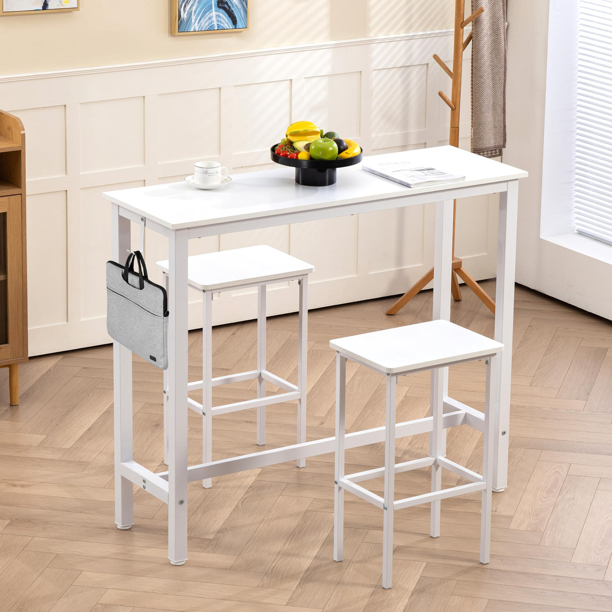 Finnhomy 47" Industrial Bar Table Set with 2 Stools - Counter Height Dining & Pub Table for Small Spaces, Kitchen, Apartment, Breakfast Nook - Metal & Wood, Space-Saving Furniture - White Finnhomy