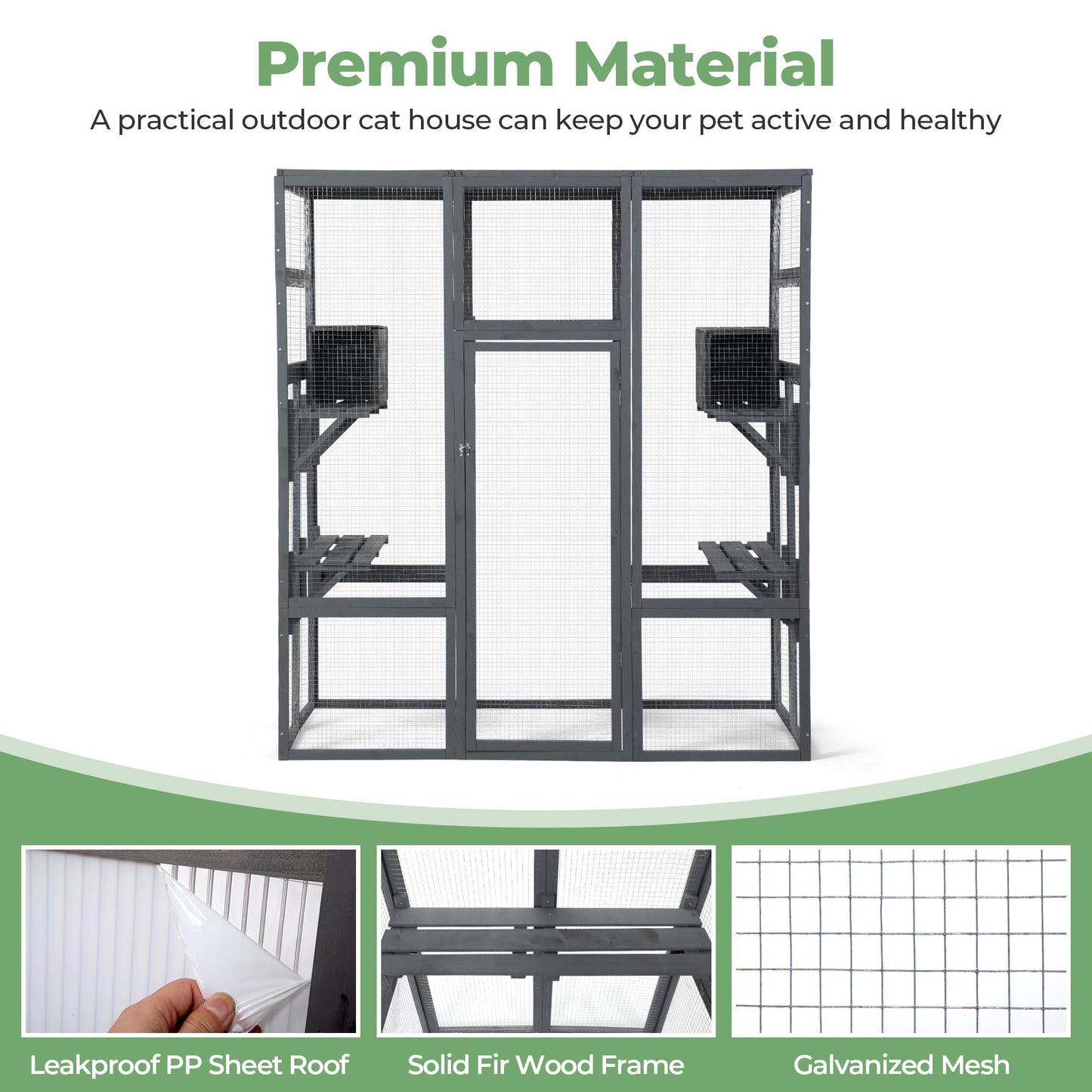 Large Stylish Wooden Catio Outdoor Cat Enclosure Cat Cage & Run Enclosures Indoor Kitty Window Cage with Waterproof Roof, 7 Platforms & 2 Resting Box, UV Resistant, 62.4" L x 32.4" W x 70" H  - WoodArtSupply