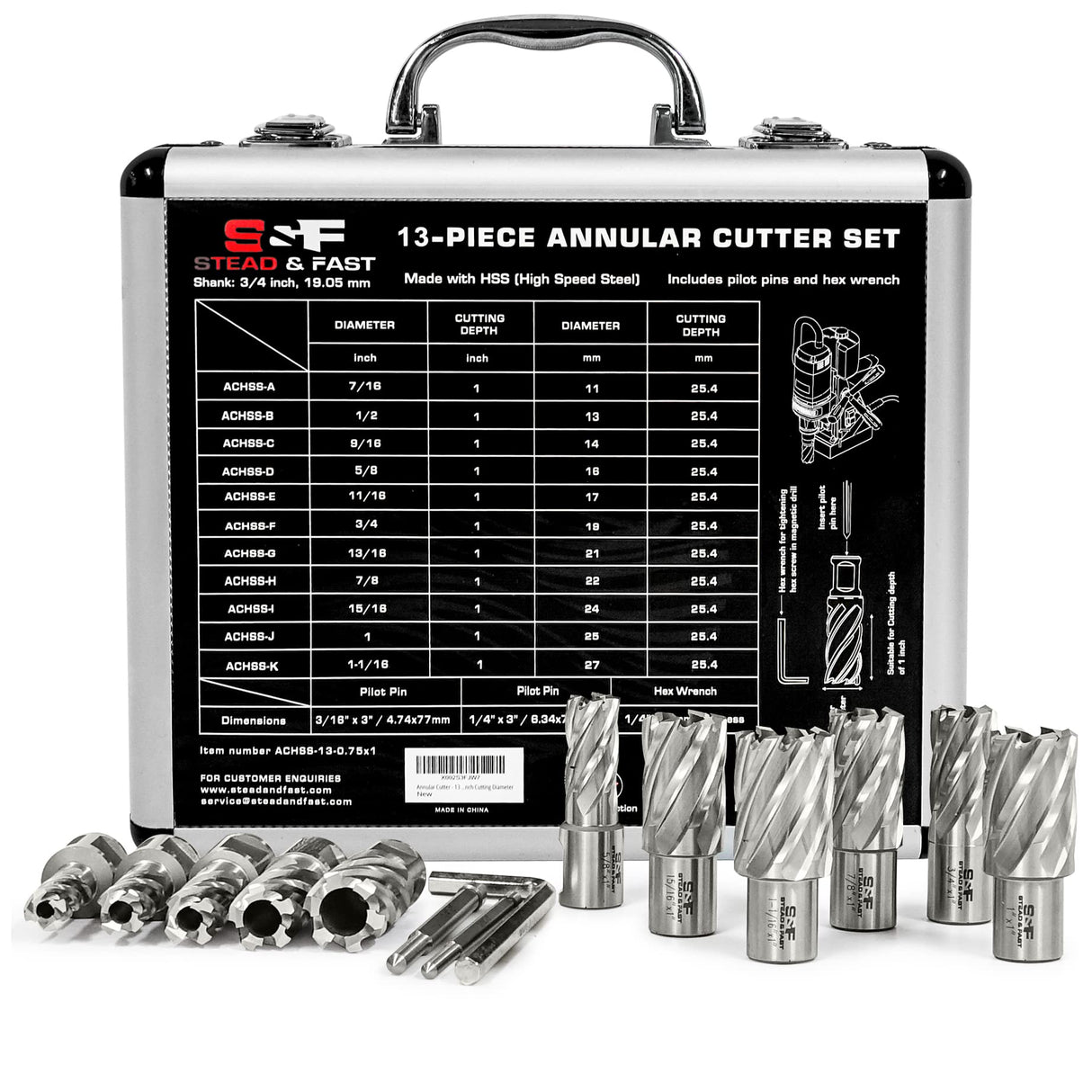 Annular Cutter Set 13 Pcs by S&F STEAD & FAST, Cutting Depth 1" Cutting Diameter 7/16" to 1-1/16" Inch, Mag Drill Bits Kit for Magnetic Drill Press, with 2 Pilot Pins S&F STEAD & FAST
