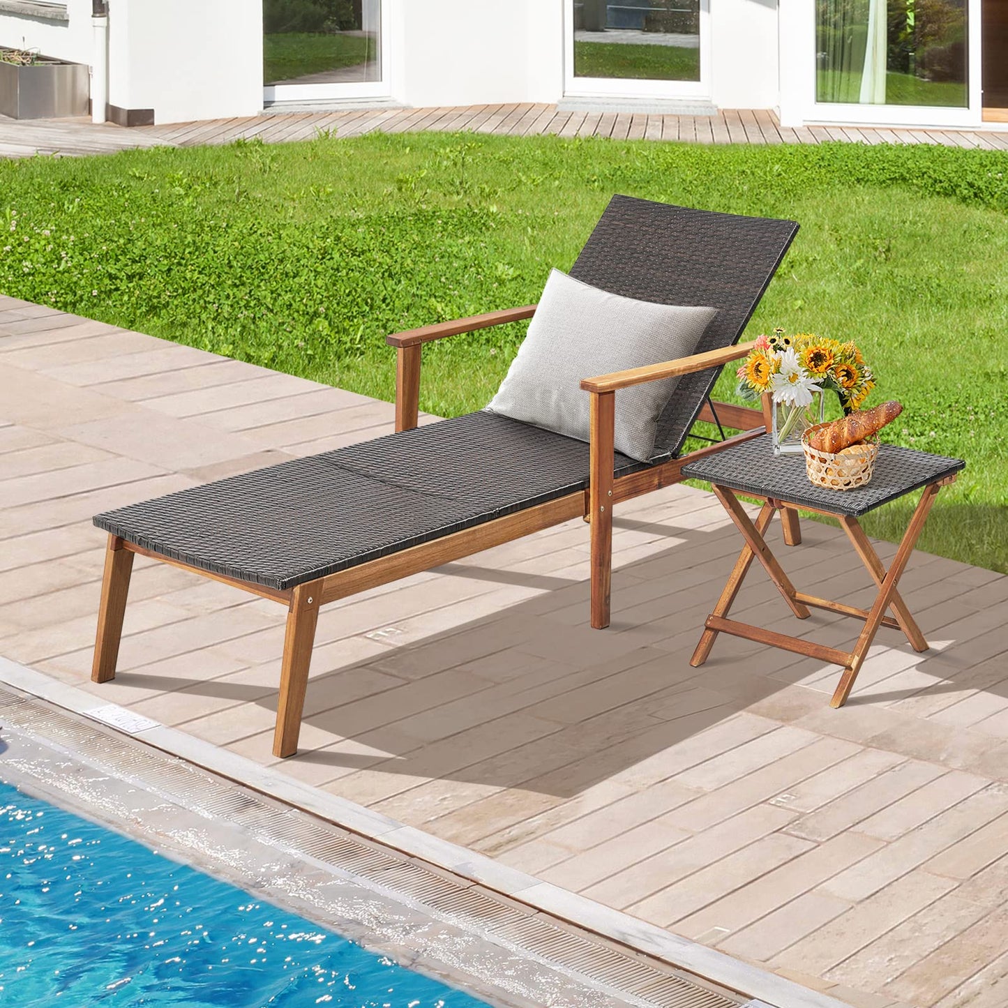 Tangkula 3 Piece Patio Chaise Lounge & Table Set, Outdoor Rattan Lounge Chair w/Folding Side Table, 4-Level Adjustable Backrest, Solid Acacia Wood Frame, Recliner & Table Set for Backyard (Mix Brown)