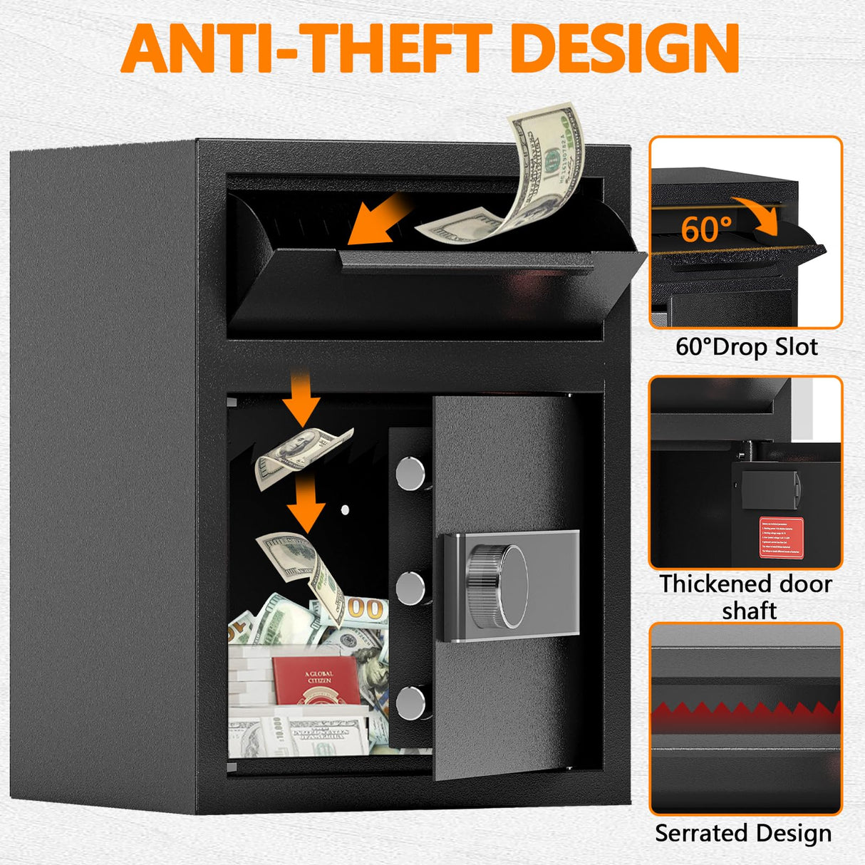 1.8 CUB Depository Drop Safe Fireproof, Front Drop Slot Lock Box with Digital Combination and Anti-Fishing, Silent Deposit Safe Box, Security Money Safe for Cash Slips Expense Business Office Home KAER