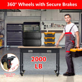 Sunvasagoo Adjustable Height Workbench - 48" Heavy Duty 2000 LB Load Capacity, Solid Rubber Wood Top, Sturdy Metal Frame, Workstation with Drawer, 4 Rolling Casters, Power Outlets for Garage Workshop Sunvasagoo