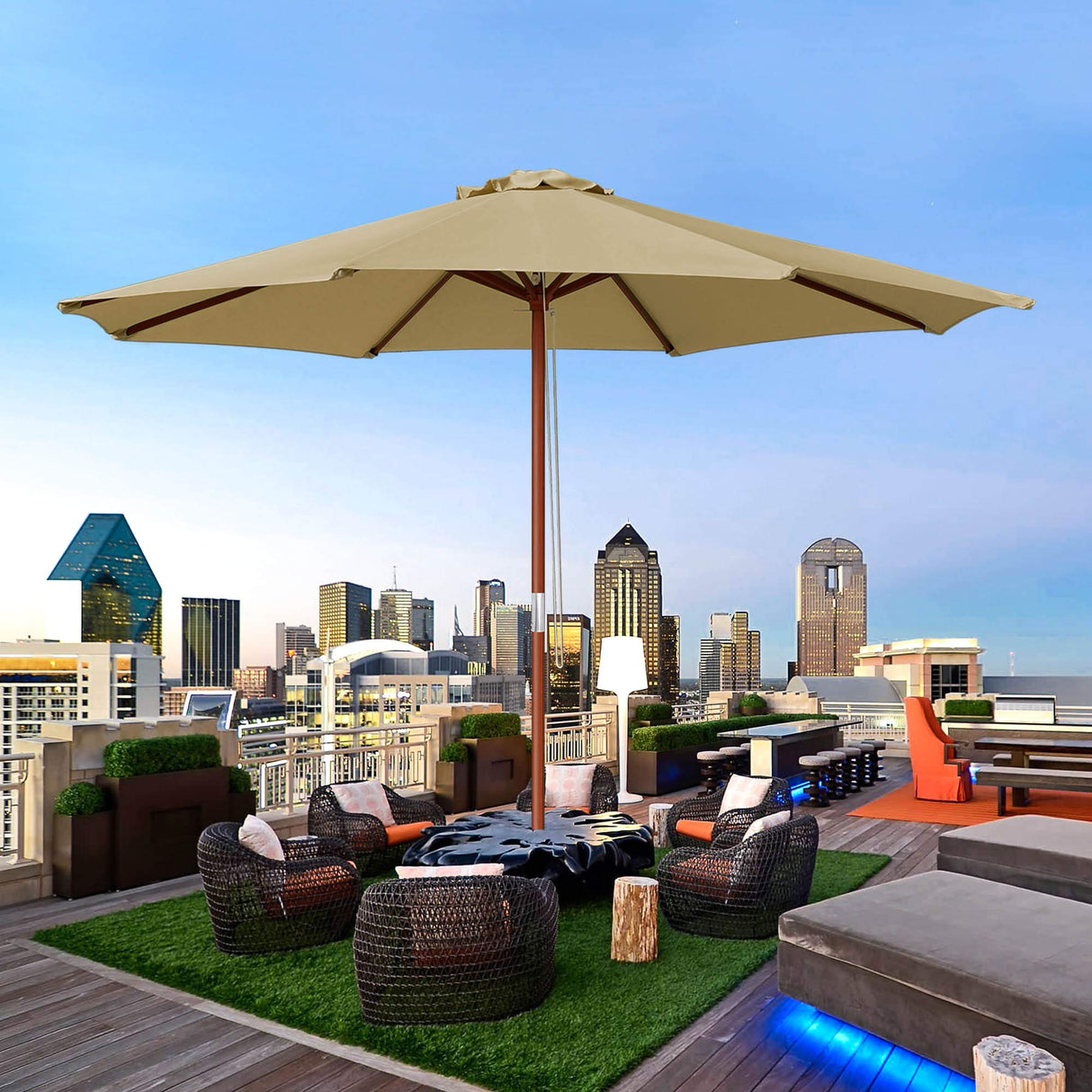 Yescom 9ft Tan Wooden Outdoor Patio Table Umbrella with Pulley Market Garden Yard Beach Deck Cafe Decor Sunshade Yescom