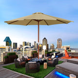 Yescom 9ft Tan Wooden Outdoor Patio Table Umbrella with Pulley Market Garden Yard Beach Deck Cafe Decor Sunshade Yescom