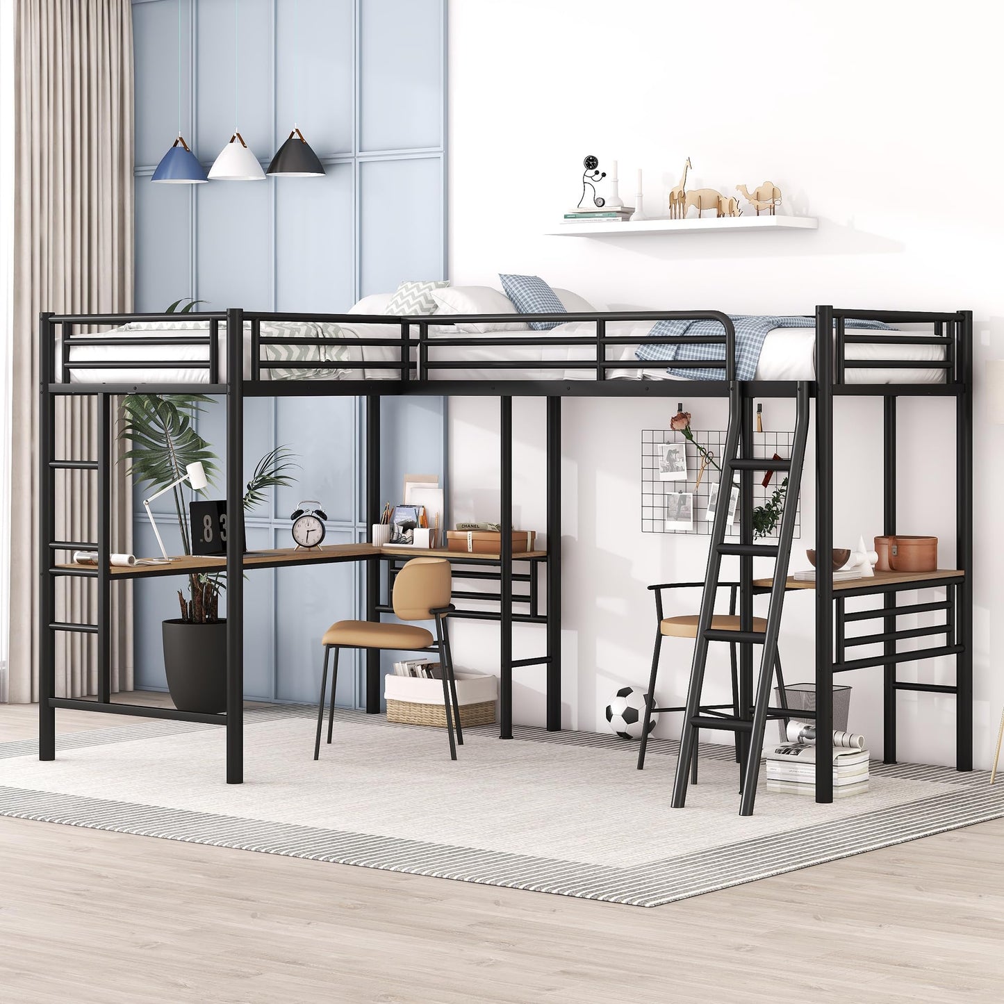 MERITLINE Metal Twin Size L-Shaped Loft Bed, Twin Size Loft Bed Frame with Two Built-in Desks Underneath for Kids Boys Teens, Black