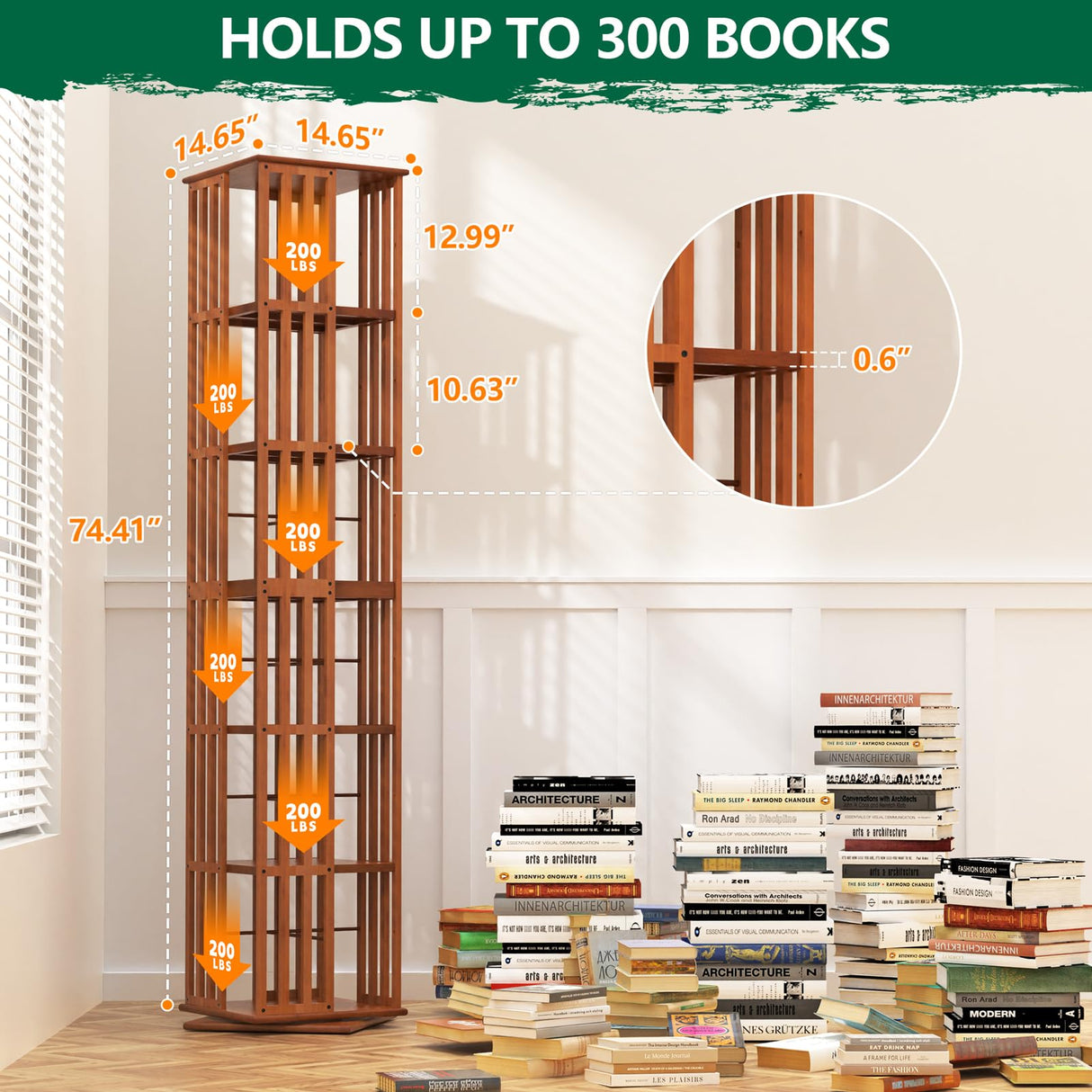 Rotating Bamboo Bookshelf | 6 Tier Revolving Bookcase | 360-degree Space Saving Spinning Book Shelf | Swivel Book Shelves for Display Corner-Friendly Small Space-15.75"W×15.75"D×74.8"H(Walnut) Lauxery