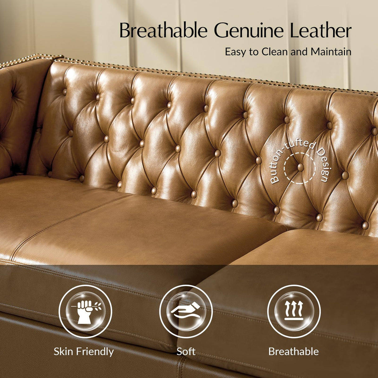 HULALA HOME 84" Genuine Leather Sofa Couch with Solid Wood Legs, Button-Tufted Chesterfield 3-Seater Sofa, Mid Century Modern Upholstered Couch for Living Room, Entertainment Area, Apartment, Camel HULALA HOME