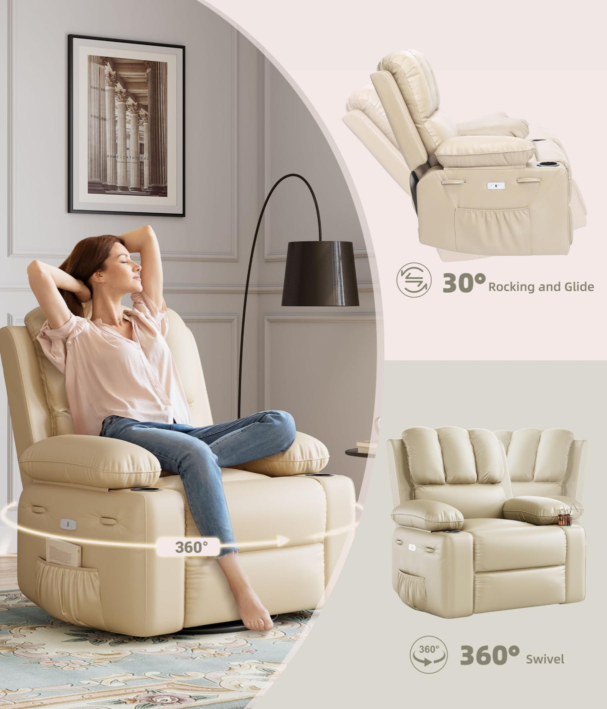 GarveeHome 360° Swivel Electric Massage Recliner Chair with Zero Gravity & 3D Heat Therapy - Overstuffed PU Leather Power Lazy Sofa, USB Charger/Storage/Cup Holder for Living Room & Home Office GarveeHome