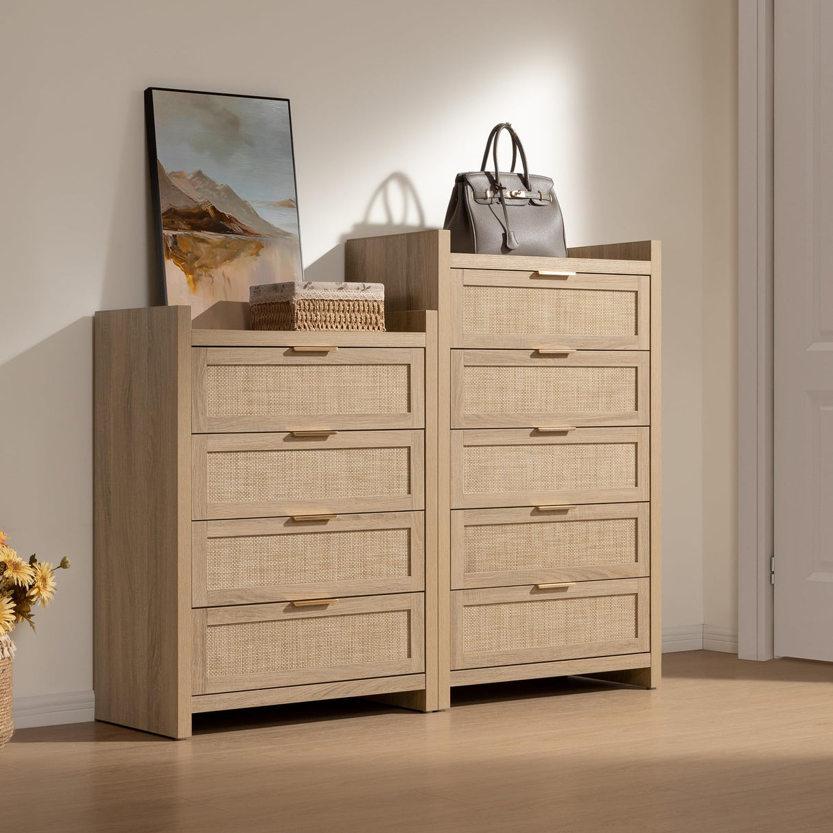 SICOTAS Dresser for Bedroom Chest of Drawers 46" Tall Dresser for Closet with 5 Rattan Drawers Boho Night Stand Large Clothes Storage Cabinet for Living Room Hallway Nursery Entryway SICOTAS