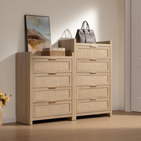 SICOTAS Dresser for Bedroom Chest of Drawers 46" Tall Dresser for Closet with 5 Rattan Drawers Boho Night Stand Large Clothes Storage Cabinet for Living Room Hallway Nursery Entryway SICOTAS