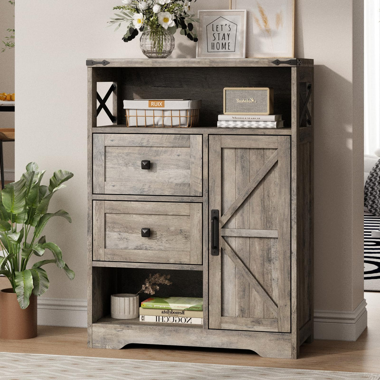 Fameill Farmhouse Storage Cabinet with 2 Drawers&Shelves,Freestanding Storage Cabinet with Doors&Open Storage,Floor Storage Cabinet for Living Room,Bathroom,Kitchen,Laundry,Grey Fameill