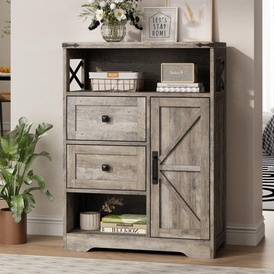 Fameill Farmhouse Storage Cabinet with 2 Drawers&Shelves,Freestanding Storage Cabinet with Doors&Open Storage,Floor Storage Cabinet for Living Room,Bathroom,Kitchen,Laundry,Grey
