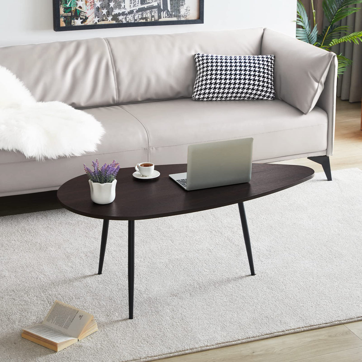 SAYGOER Oval Coffee Table Espresso Wood Mid Century Modern Coffee Tables Unique Retro Farmhouse Accent Center Sofa Rustic Table for Living Room Home Office Easy Assembly, Dark Brown SAYGOER