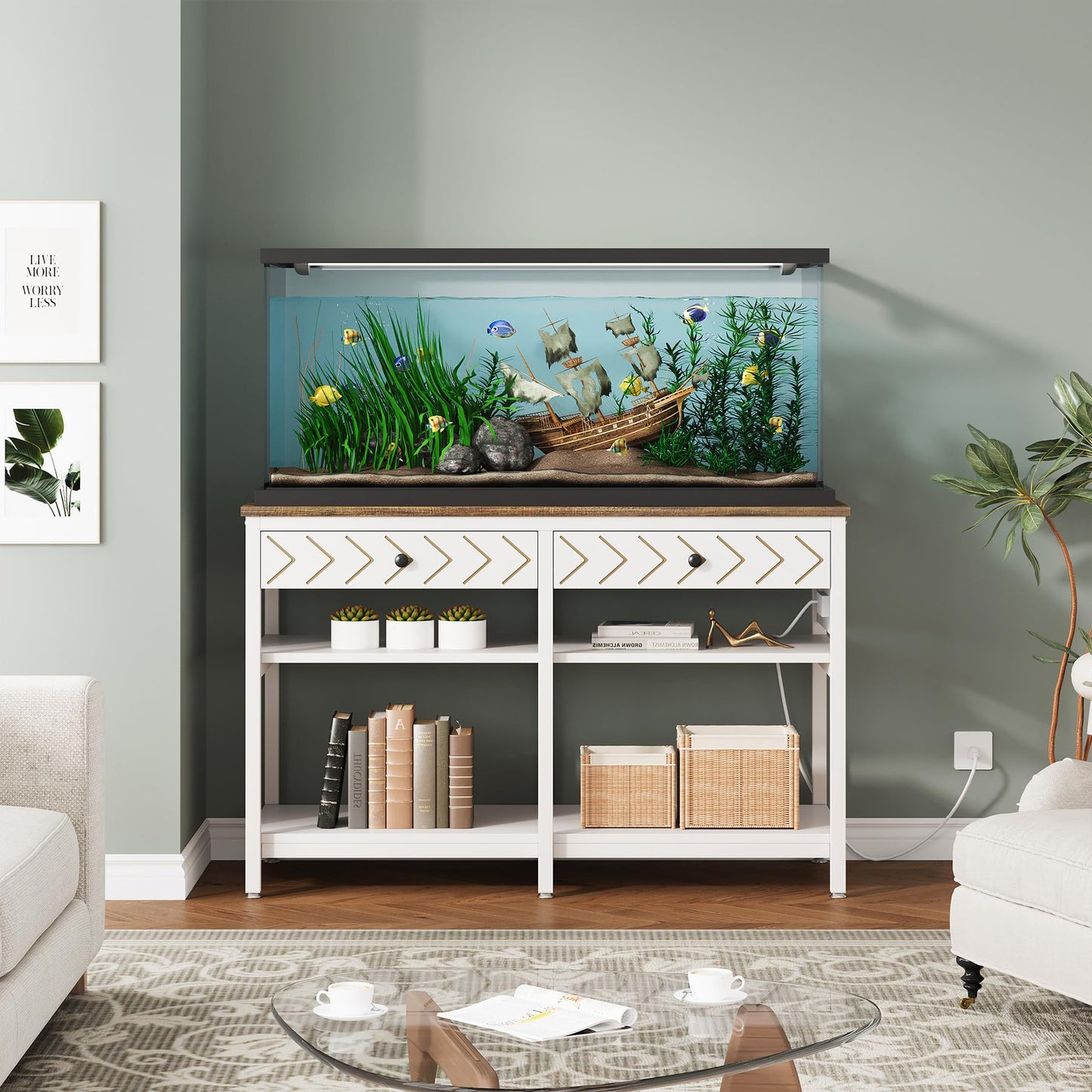 Condemo 40-50 Gallon Aquarium Stand, Fish Tank Stand with Power Outlets and Drawers, Heavy Duty Metal Reptile Tank Stand for Turtle, 911LBS Capacity, White and Brown