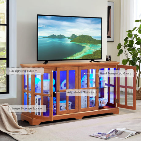 59" W LED Curio Cabinet with 7 Color Lights, Vintage Glass Display Case with Glass Doors, Smartphone-Controlled, Short Wooden China Cabinet with Adjustable Shelves for Living Room, Entryway (Dark Oak) CKEASEAN
