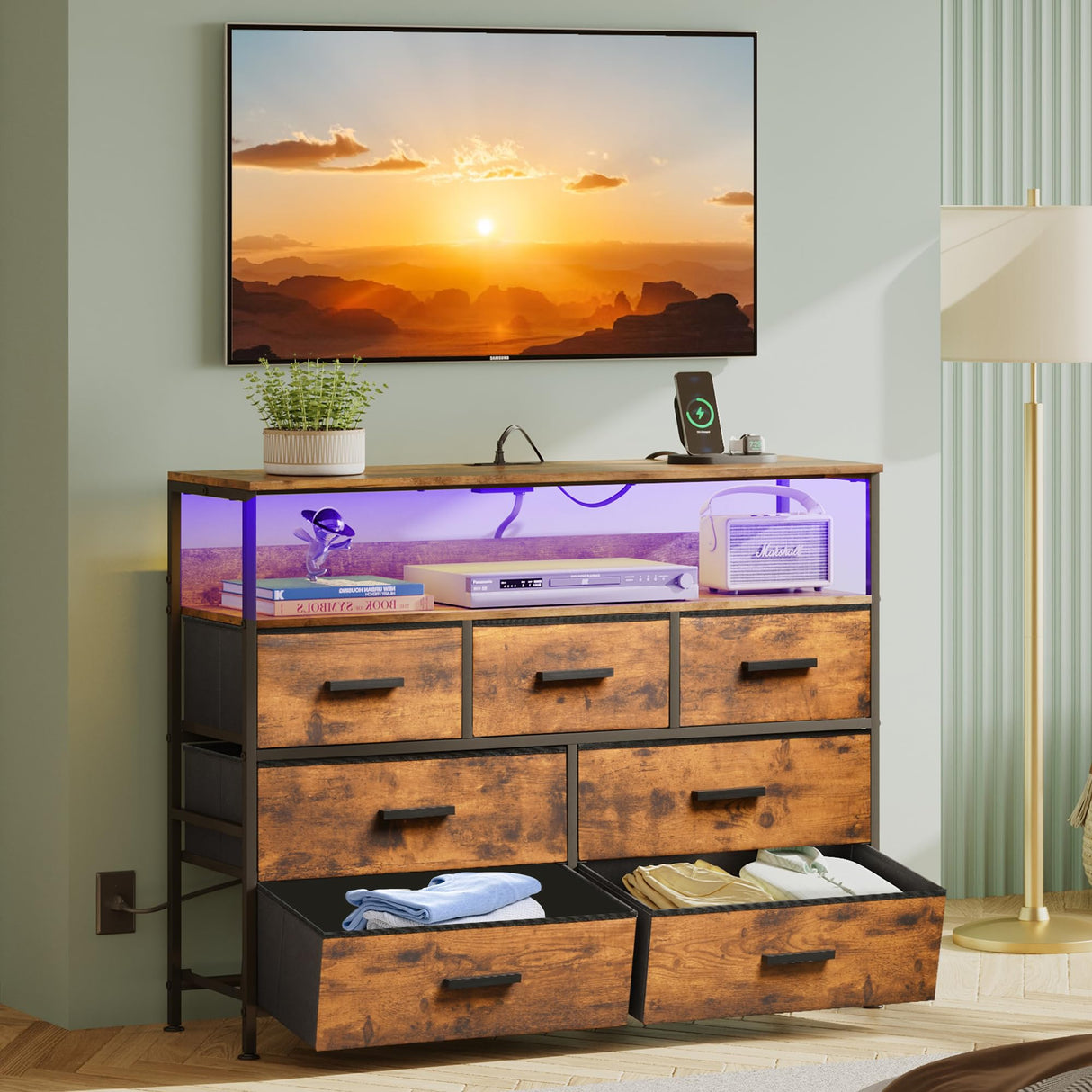 NASHZEN Dresser TV Stand with 7 Drawers, Dresser TV Stand with LED Lights & Power Outlets, Bedroom Dresser, Chest of Drawers up to 45'' Long TV, Wide Fabric Dresser with Open Shelf (Rustic Brown) NASHZEN