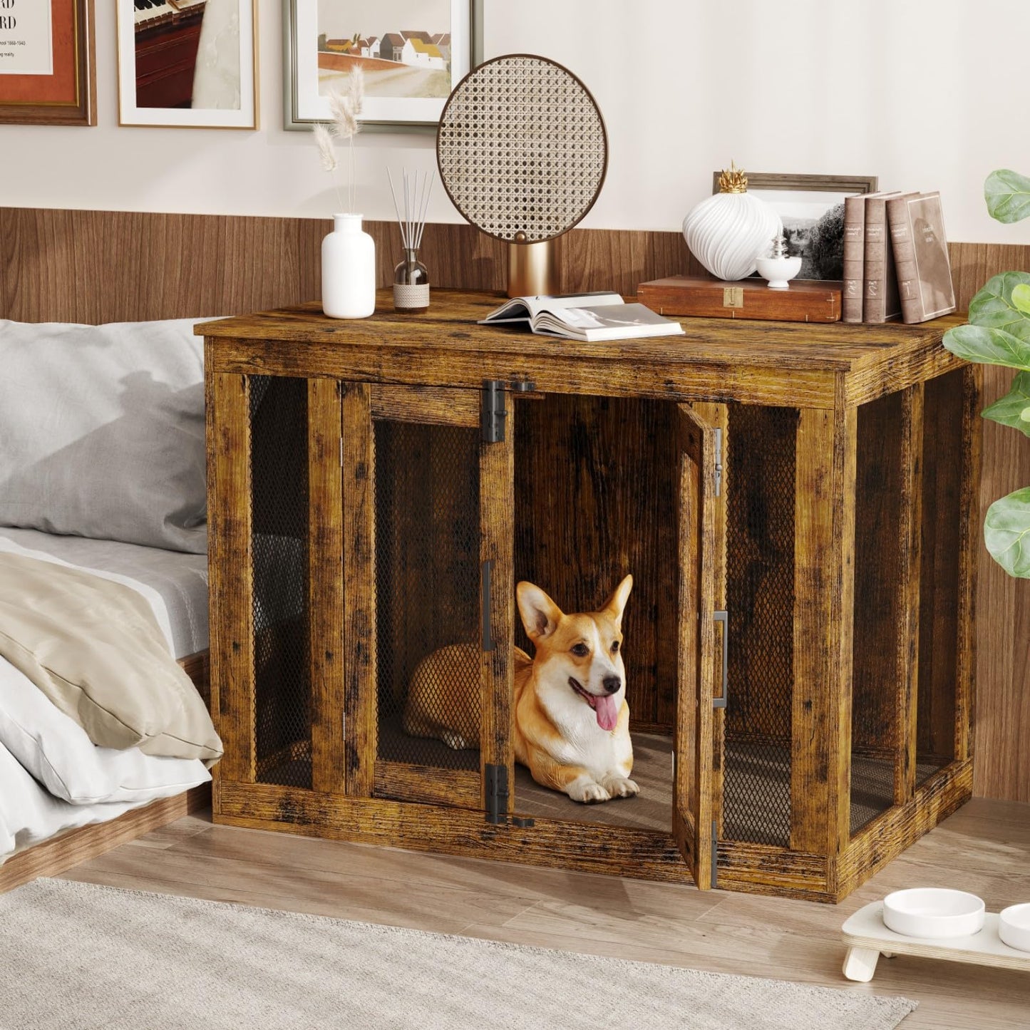 Irontar Dog Crate Furniture with Cushion, Double-Door Dog Crate for Small to Large Dogs, Wooden Dog Kennel Table, End Table Dog House Furniture, Dog Cage Indoor, Rustic Brown MGW001X-1 - WoodArtSupply