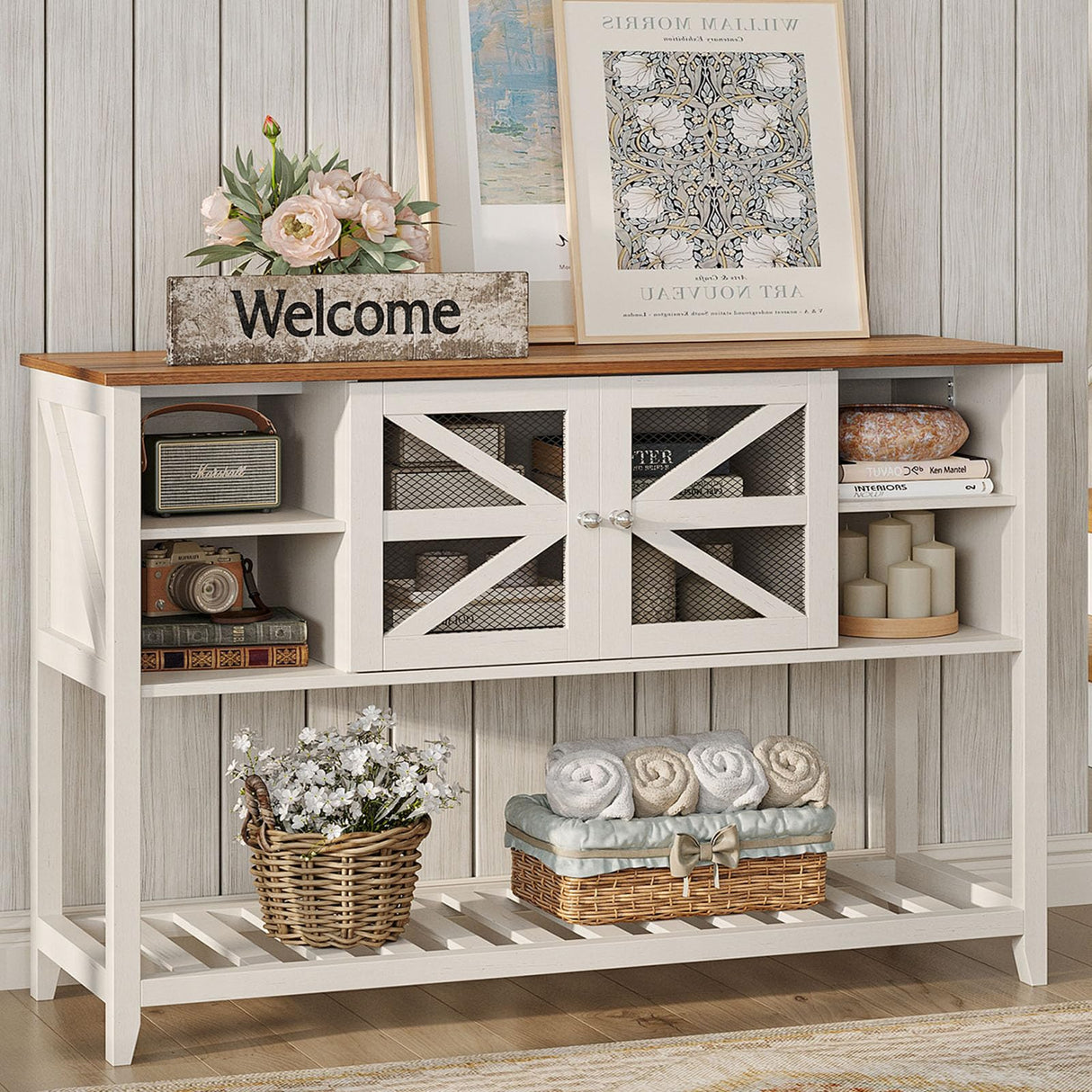 Maupvit Entryway Table with 2 Doors, Farmhouse Sofa Table with Adjustable Storage Shelf,Console Table for Entryway, Hallway,Living Room,White Behind Couch Table Maupvit