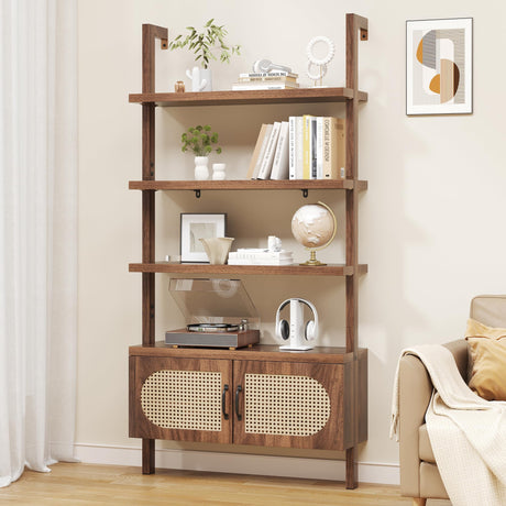 72" Tall Industrial Bookshelf Ladder with 1" Thick Wood - Faux Wood Grain Finish, 5-Tier Open Wall Mount Storage Cabinet with Rattan Doors, Rustic Brown iabifo