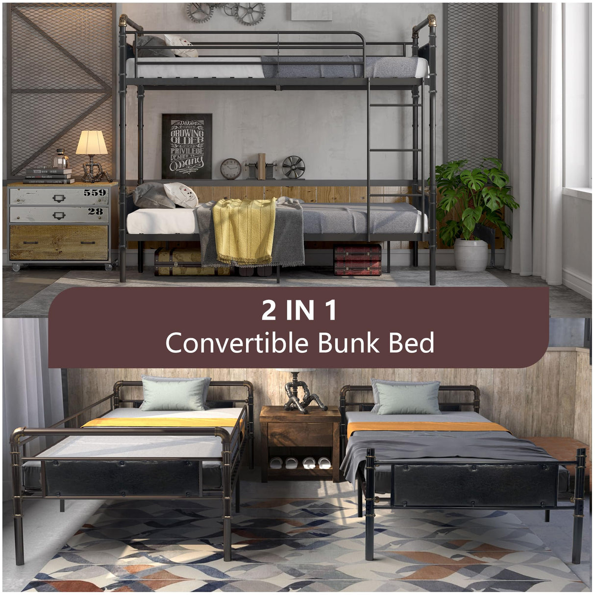 2 IN 1 Metal Bunk Bed Twin Over Twin, Convertible Twin Bunk Beds into 2 Individual Twin Size Bed for Kids Adults, 16.5" High Guard Rail,Space-Saving No Box Spring Needed Easy Assembly (Black) Whalefall