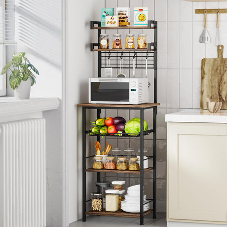 SWTYMIKI 6-Tier Coffee Bar Station - Bakers Rack with Drawer & 6 S-Shaped Hooks, Corner Coffee Stand Station, Coffee Bar Cabinet for Kitchen Entryway Living Room,11.81" Dx18.9 Wx56.7 H, Rustic Brown SWTYMIKI