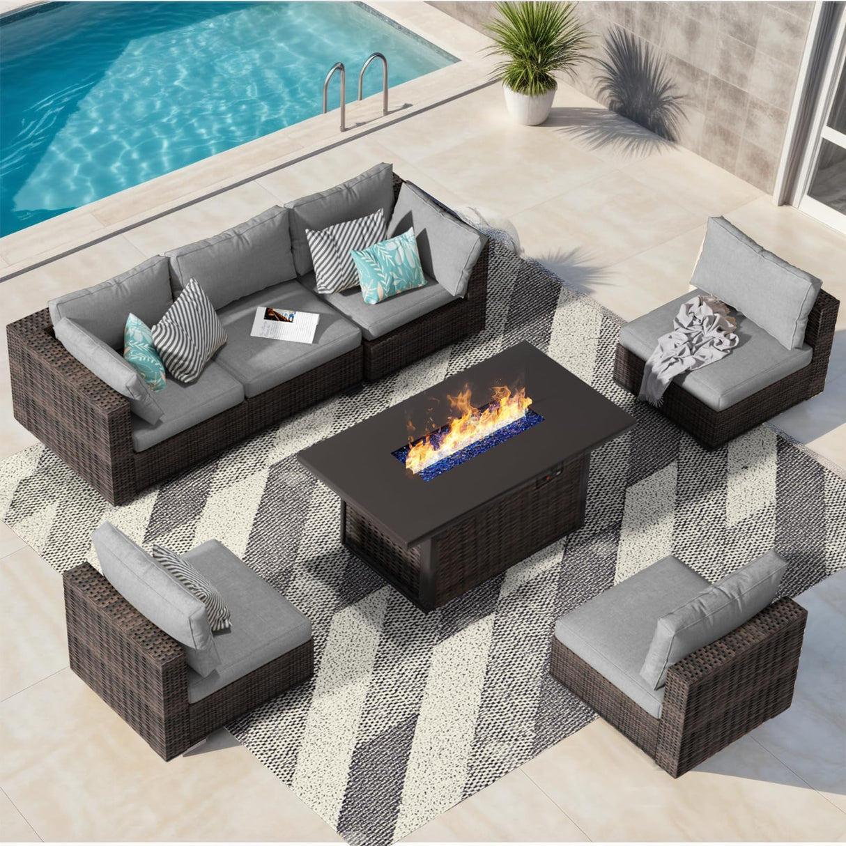 gaildon 7 Piece Patio Furniture Set with 42" Fire Pit Table Outdoor Sectional Conversation Sofa Set with Coffee Table and Comfortable Cushions, Grey gaildon