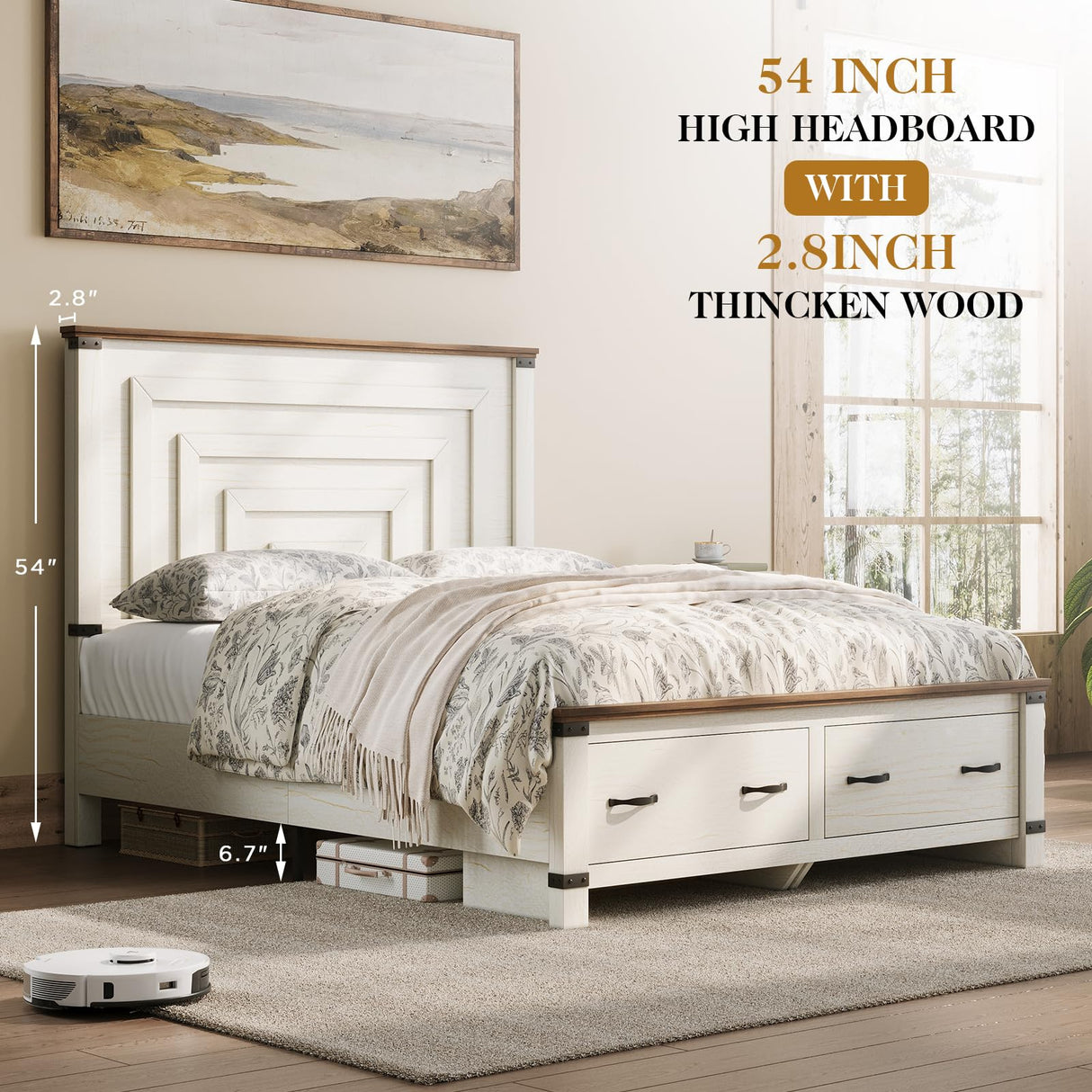 YUMPIE Farmhouse Full Size Bed Frame, 54 inch Tall Headboard with Wood Bed，Storage Platform Bed with 2 Large Storage Drawers, No Box Spring Needed, White YUMPIE