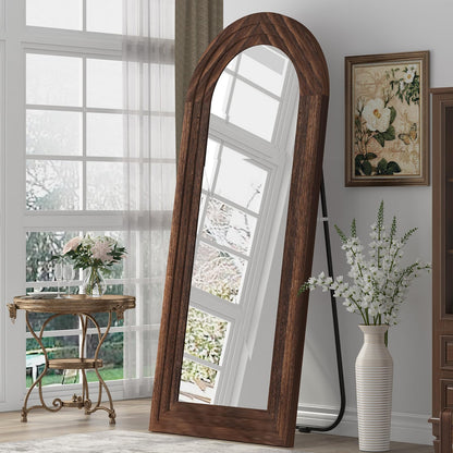 ZHUNFA Arched Full Length Mirror with Solid Wood Frame, 65x22 Farmhouse Wall Mounted Floor Mirror with Stand, Vertical Hanging, Leaning Standing for Bedroom, Living Room, Brown