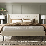 King Size Bed Frame, Upholstered Platform Bed with Wingback Headboard, Velvet Button Tufted, Easy Assembly, No Box Spring Needed, Beige HAOARA
