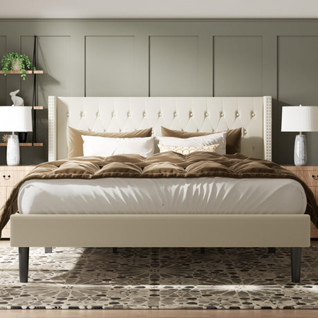 King Size Bed Frame, Upholstered Platform Bed with Wingback Headboard, Velvet Button Tufted, Easy Assembly, No Box Spring Needed, Beige HAOARA