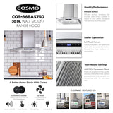 COSMO COS-668AS750 30 in. Vista Collection 380 CFM Ducted Wall Mount Range Hood, Touch Controls, LED Lights, Stainless Steel COSMO