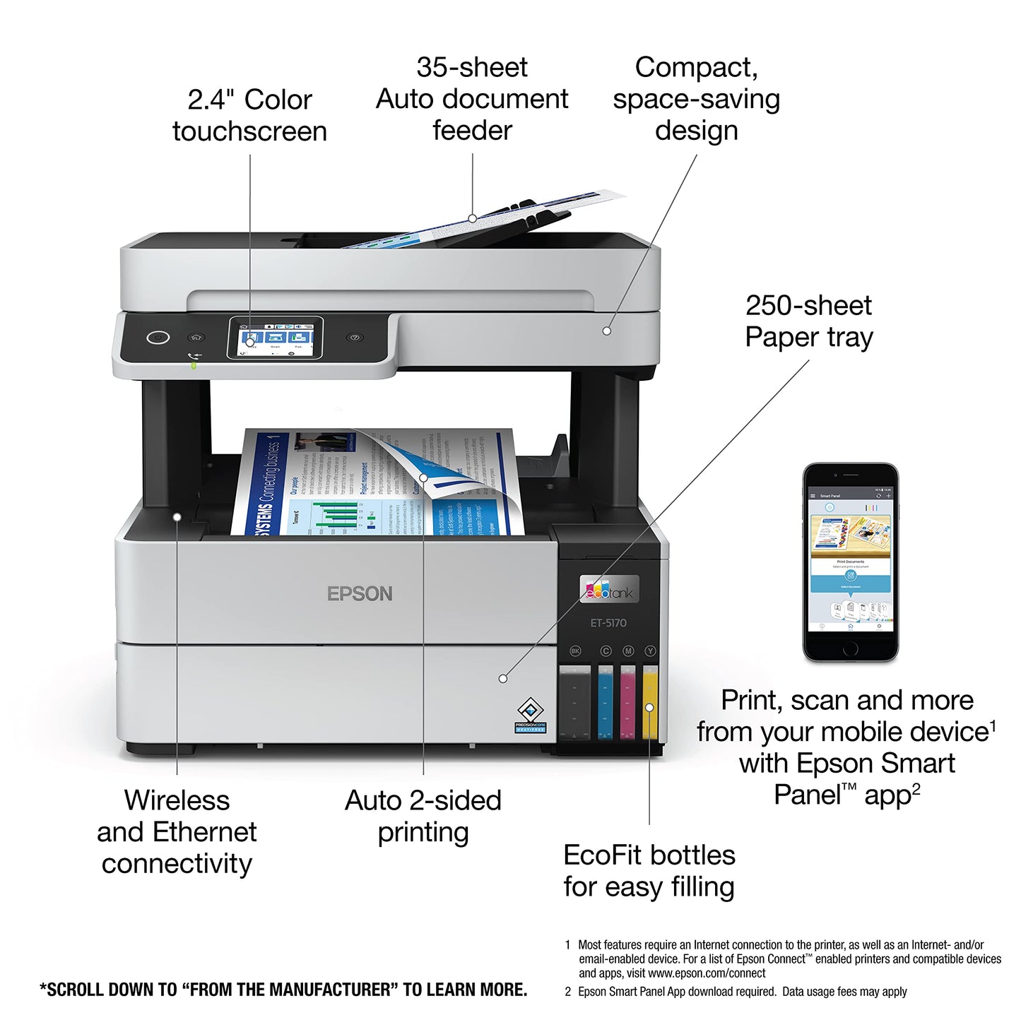 Epson EcoTank Pro ET-5170 Wireless Color All-in-One Supertank Printer with Scanner, Copier, Fax Plus Auto Document Feeder White Large