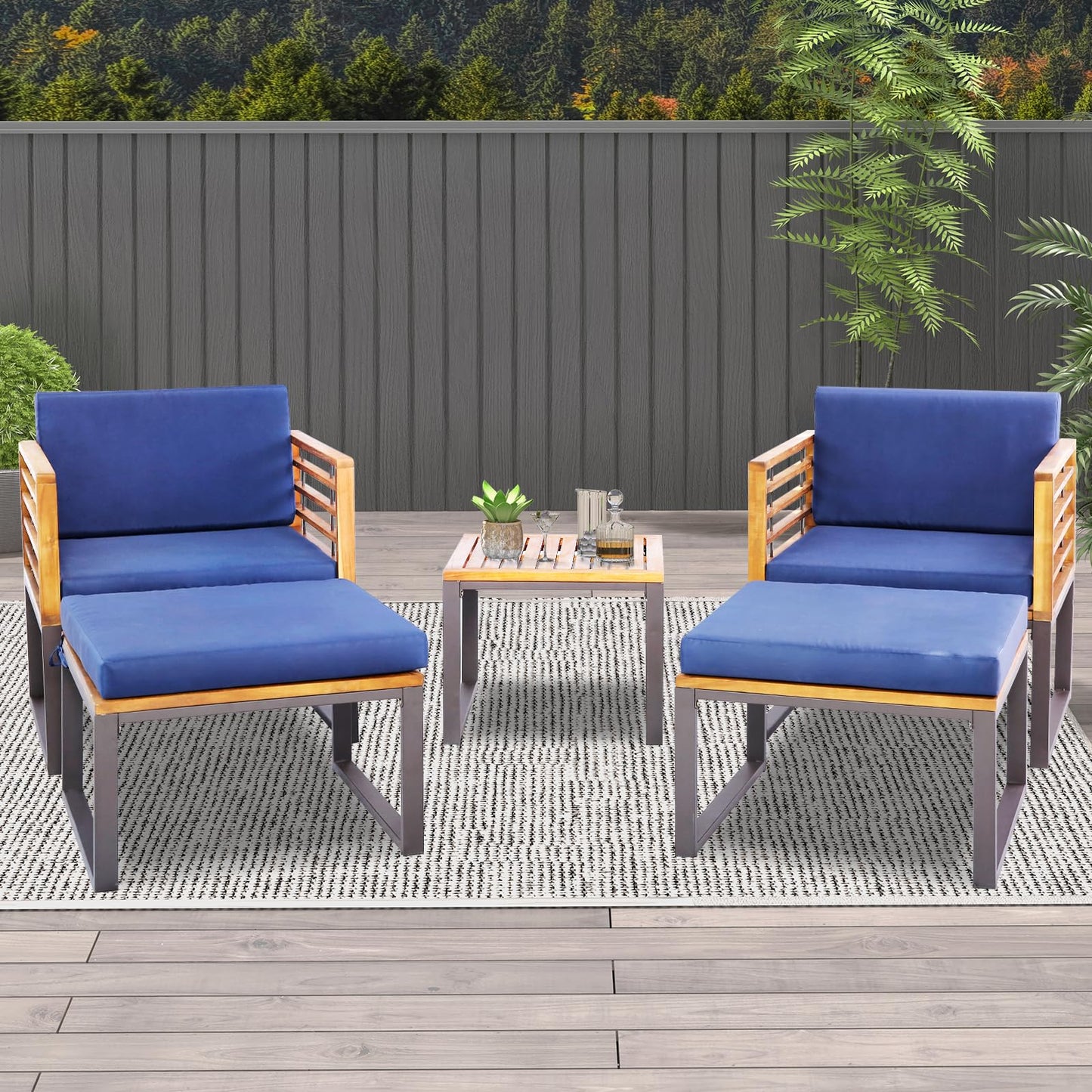 Tangkula 5 Piece Patio Chair Set, Acacia Wood Chair Set w/Ottomans & Coffee Table, Soft Seat & Back Cushions, Outdoor Wood Furniture Set for Backyard, Poolside, Garden - WoodArtSupply