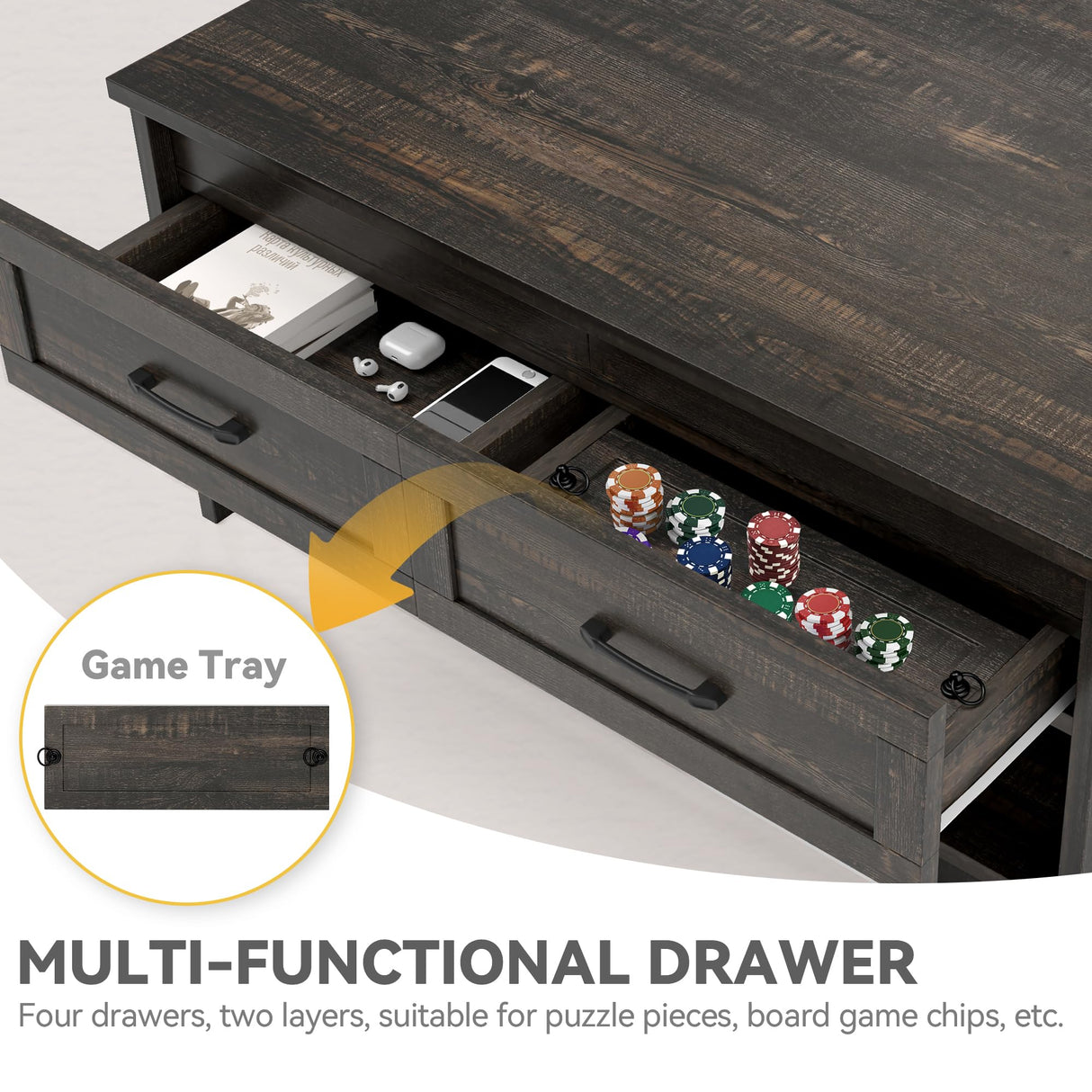 DWVO Board Game Table Living Room: 3-in-1 Game & Puzzle Table with Play Mat, 4 Drawers, Power Outlet, Removable Top (Dark Oak) DWVO