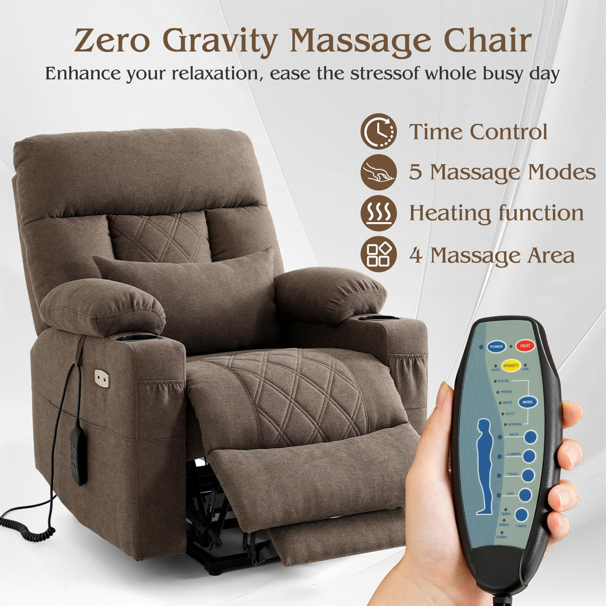 Power Lift Recliner Chair for Elderly with Extended Footrest, Infinite Position Lay Flat Recliner Chair for Adult W/Massage & Heating, Adjustable Headrest, 3-Motor Zero Gravity,Cup Holder, Fabric RESTREAL