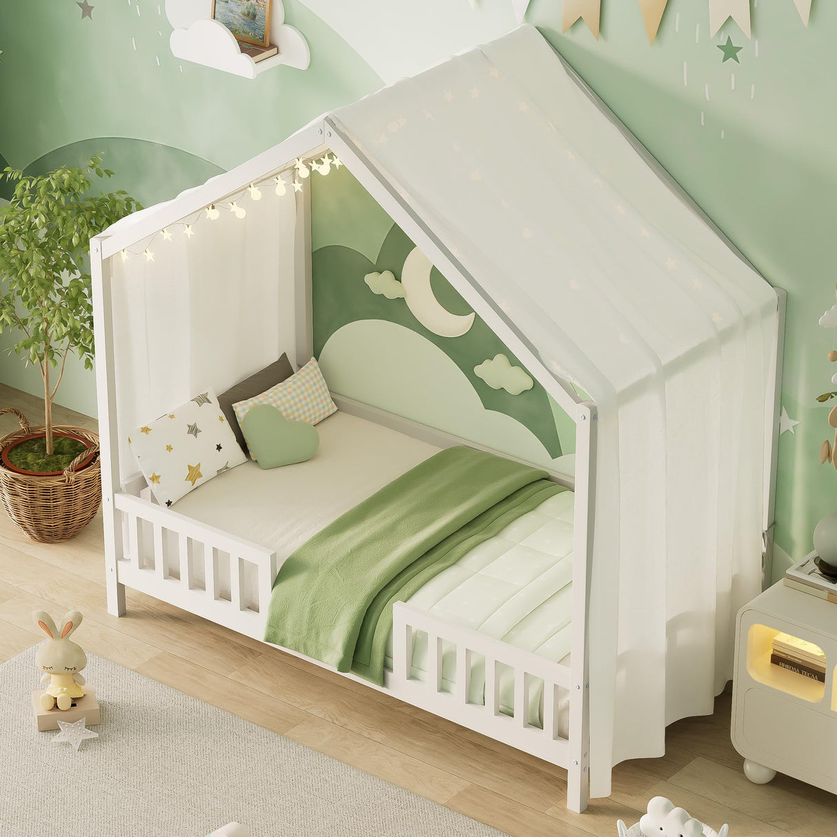 Bellemave Twin House BedFrame with Canopy, Montessori Floor Bed, House Bed with Rails for Kids, White Bellemave