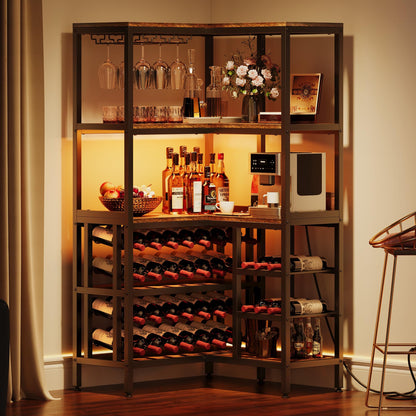 YITAHOME Large Corner Wine Rack, 63'' Corner Bar Cabinet with Power Outlet and LED Light, 5-Tier L Shaped Industrial Liquor Cabinet w/Glass Holder, Corner Open Display Cabinet for Home, Rusti - WoodArtSupply