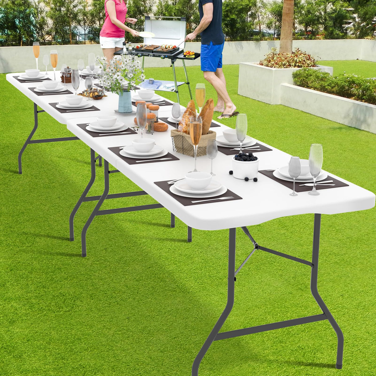 Folding Table 6 Foot Indoor Outdoor Heavy Duty Plastic Portable Fold Up Table Utility Camping Dining Party Table, Easy to Assemble, White Dkeli