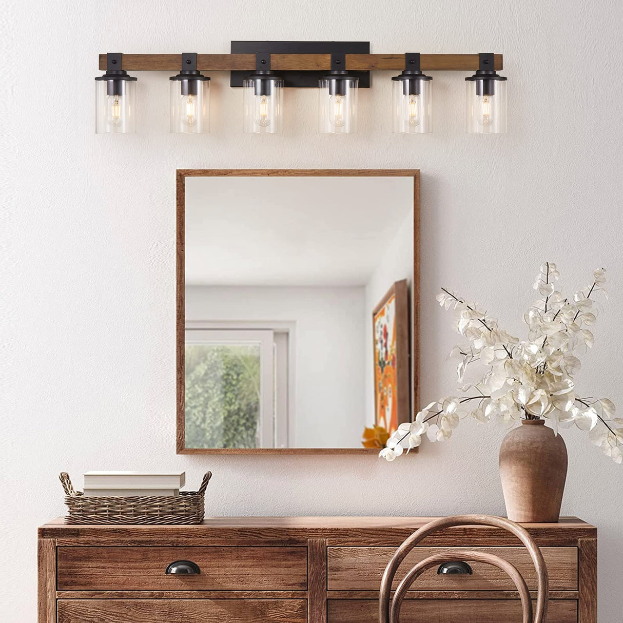 DADUL 6-Light Bathroom Vanity Light, Farmhouse Bathroom Light Fixtures Over Mirror, Classic Wood Vanity with Clear Glass Shade, Black Wall Sconce for Bathroom, Bedroom DADUL