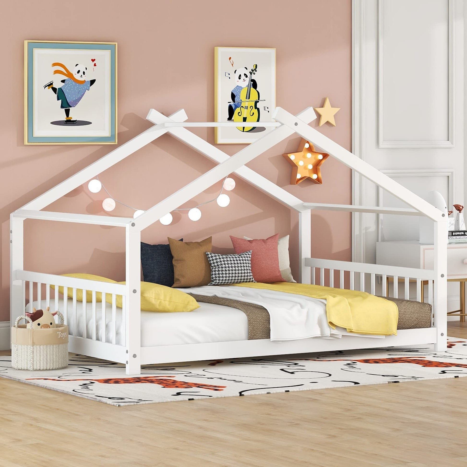 Full House Beds White Montessori Bed Wood Frame Kids Platform Bed with Headboard & Footboard for Children Boys Girls Teens - WoodArtSupply