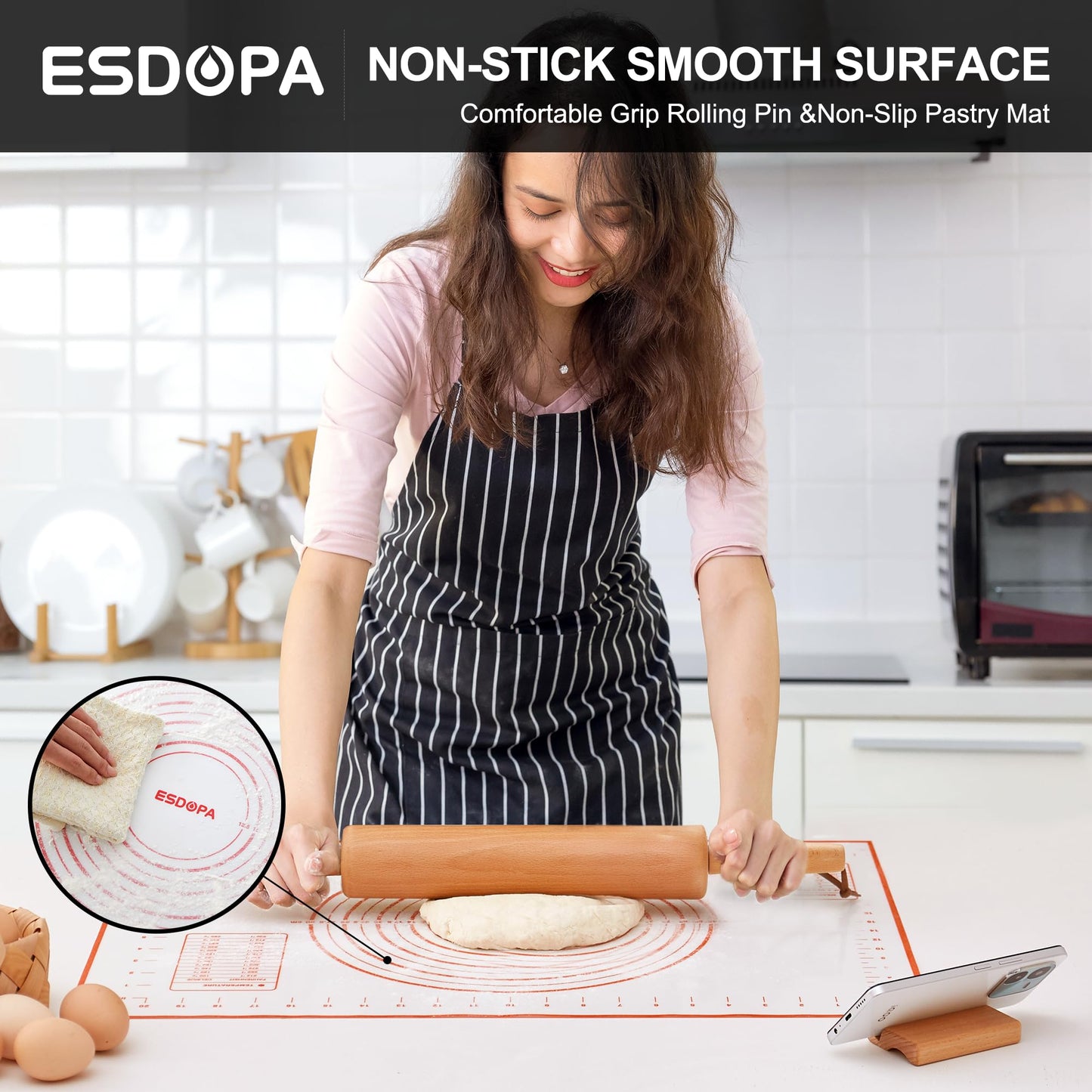 ESDOPA Classic Wood Rolling Pin - Wooden Rolling Pins for Baking Silicone Mat Set, Dough Roller with Wood Base, Fondant Roller for Pie Crust Cookies Pizza Dough and Bread, 17 Inch