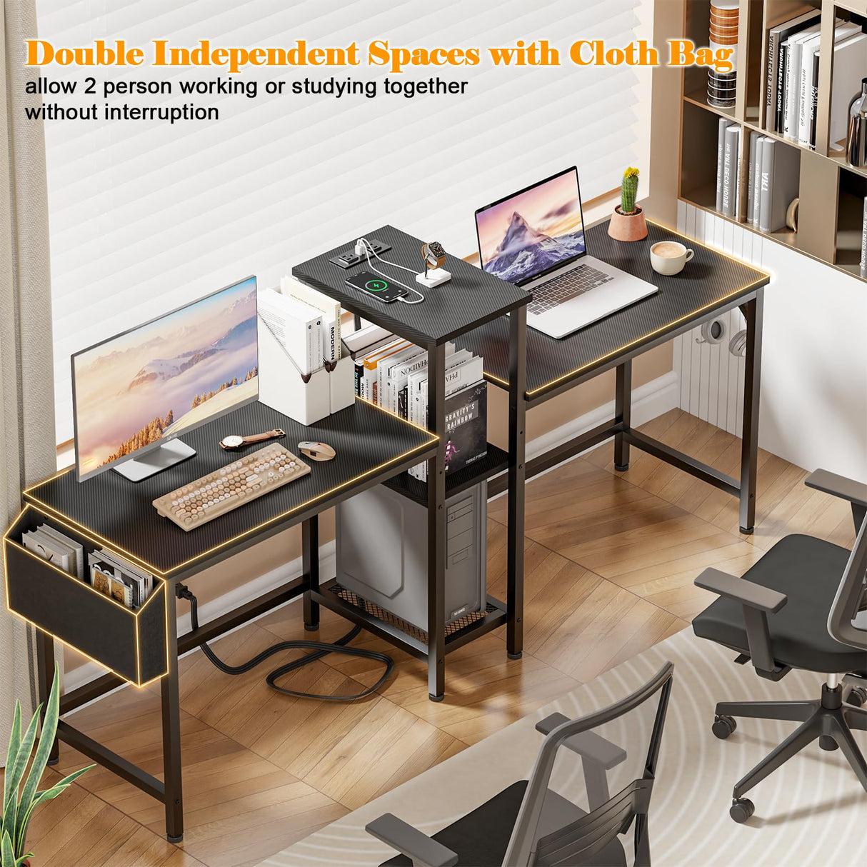 Furologee Double Desk with Power Outlets, 71 Inch Computer Desk with Storage Bag and Headphone Hooks, Gaming Desk Study Writing Table for Home Office, Black Furologee