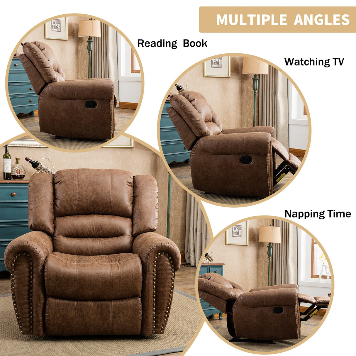 CANMOV Leather Recliner Chair, Classic and Traditional Manual Recliner Chair with Comfortable Arms and Back Single Sofa for Living Room, Nut Brown CANMOV