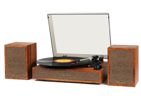 Vinyl Record Player with External Speakers, 3 Speed Bluetooth Turntable for Vinyl Records, Vintage Belt Drive Record Player with Stereo Speakers and Auto Stop, RCA Audio Out and Aux-in,Light Wood TANLANIN