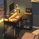 SUPERJARE L Shaped Gaming Desk with LED Lights & Power Outlets, Reversible Computer Desk with Shelves & Drawer, Corner Desk Home Office Desk, Rustic Brown, 7035ZC SUPERJARE
